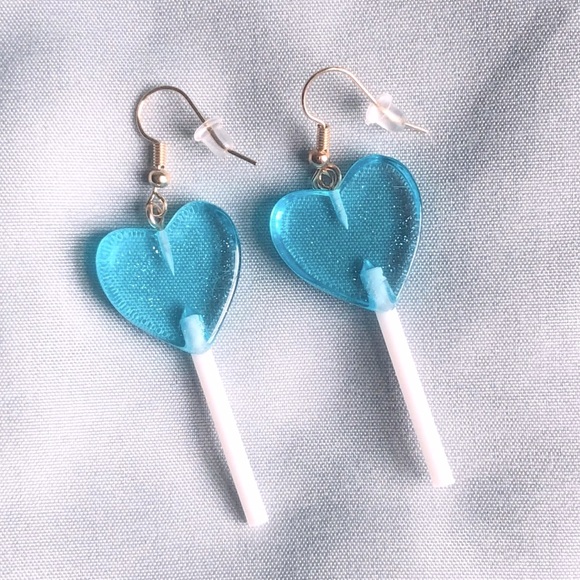 Jewelry - SOLD Jewelry - NWT Heart Shaped Lollipop Earrings - Blue